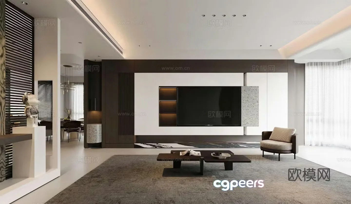 Modern living room TV background wall Italian leisure chair round dining table entrance wall 3d model