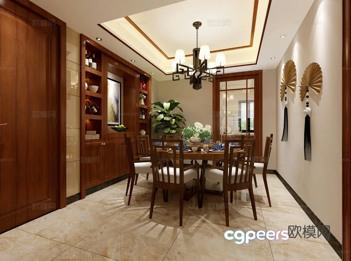 Simple new Chinese style living and dining room chandelier dining table and chair 3D model