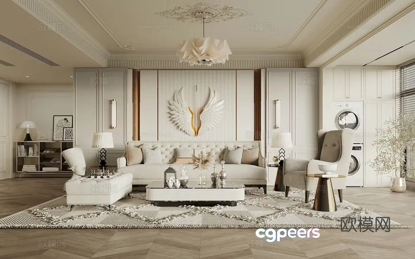 French simple European living room sofa background wall sofa coffee table combination leisure chair coffee table artwork 3d model