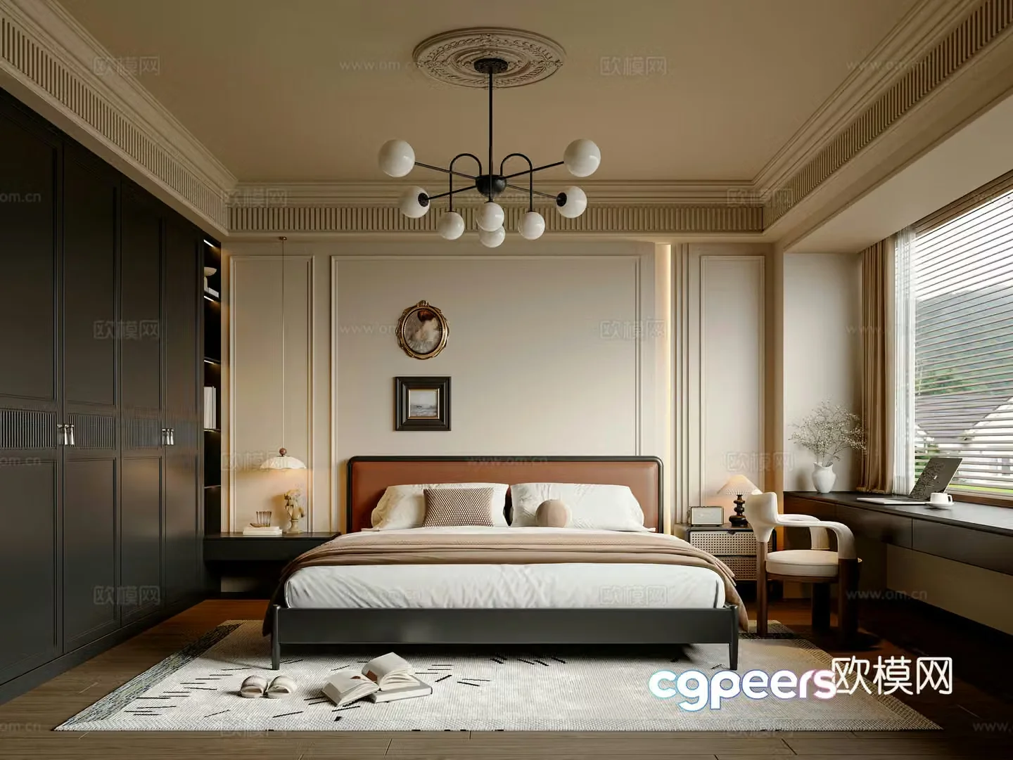 French medieval style bedroom French double bed French wardrobe French book chair Medium medieval style hanging painting 3D model