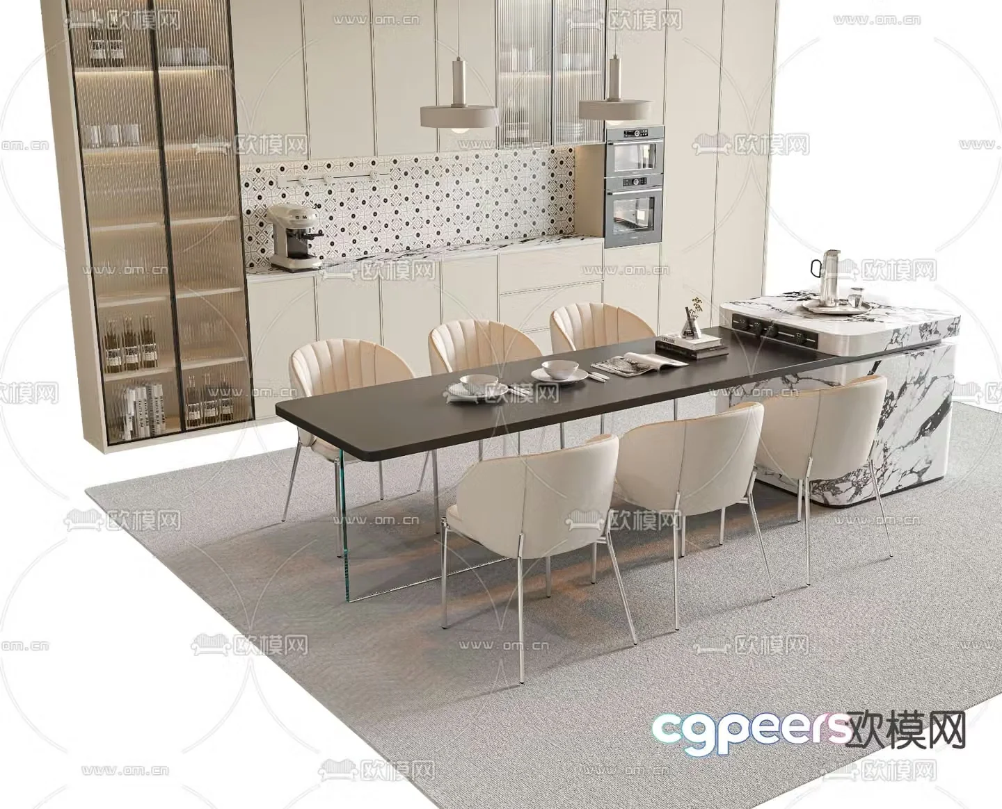 Island dining table and chairs 3d model