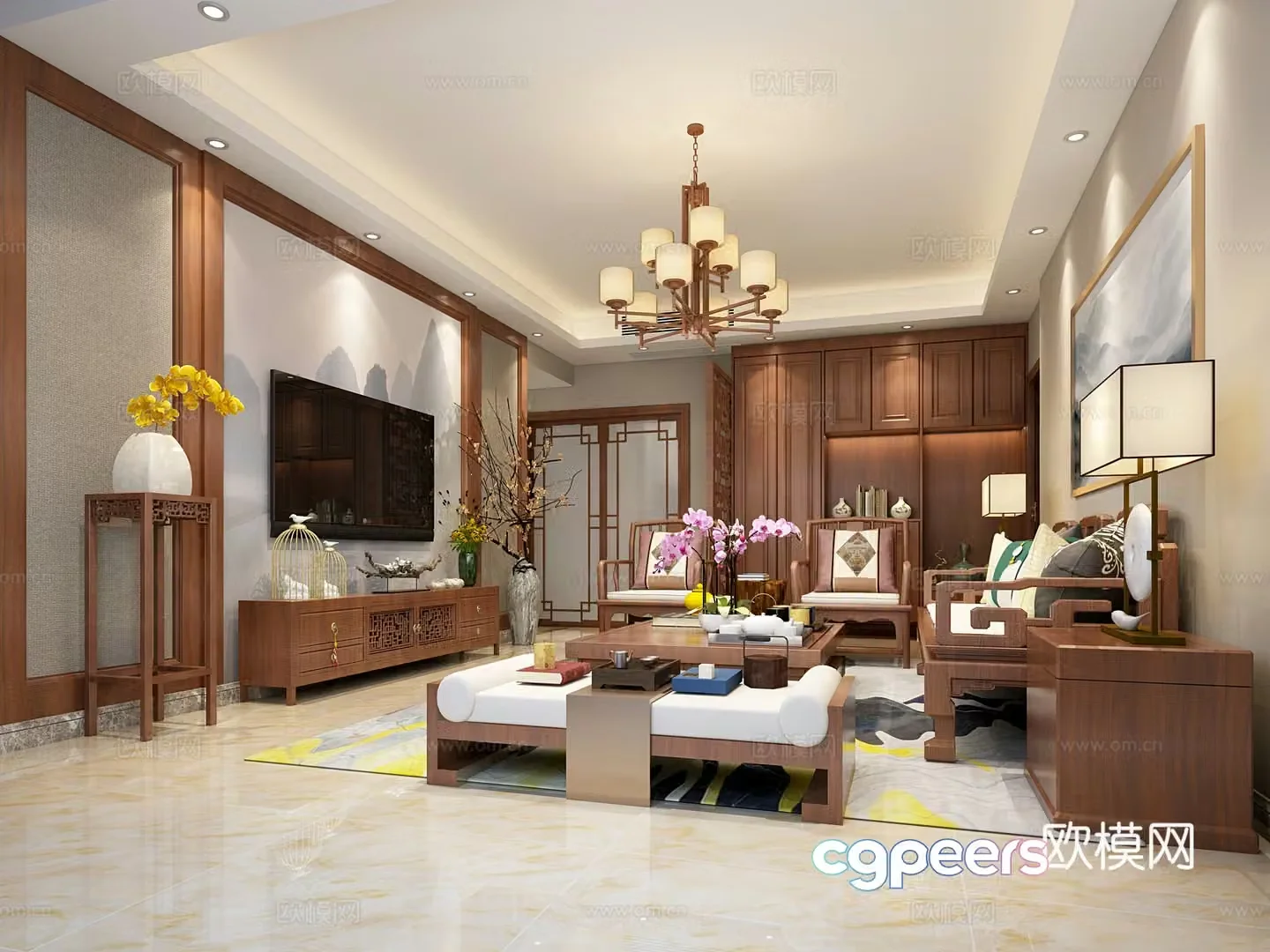New Chinese style living and dining table chair sofa coffee table chandeliers desktop ornaments 3D model of hanging paintings