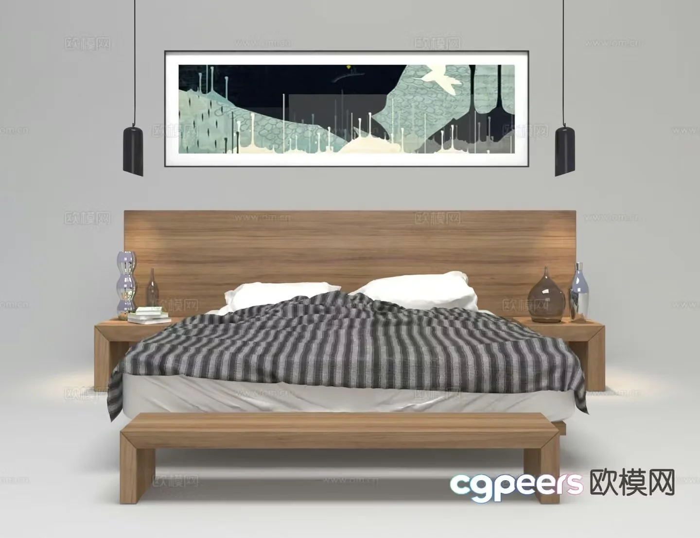 Japanese style wooden bed double bed 3d model