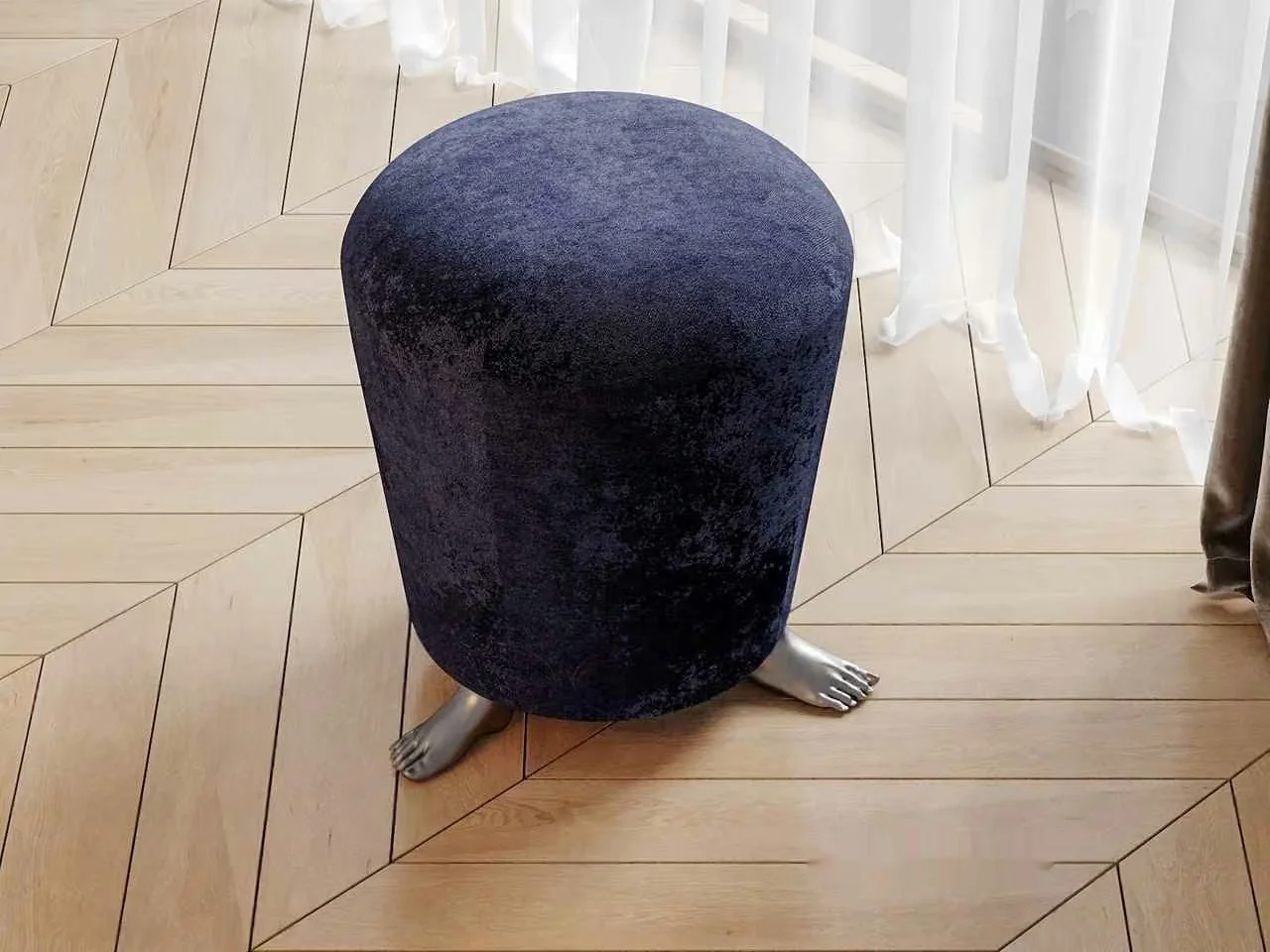 A Blue Velvet Stool With Silver Feet 3D Model – 10668 – CORONA Render