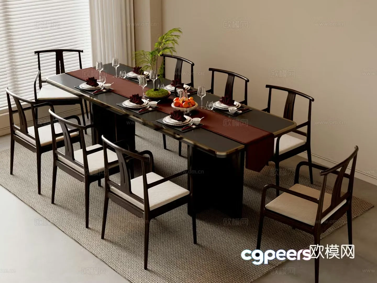 New Chinese dining table and chairs 3d model