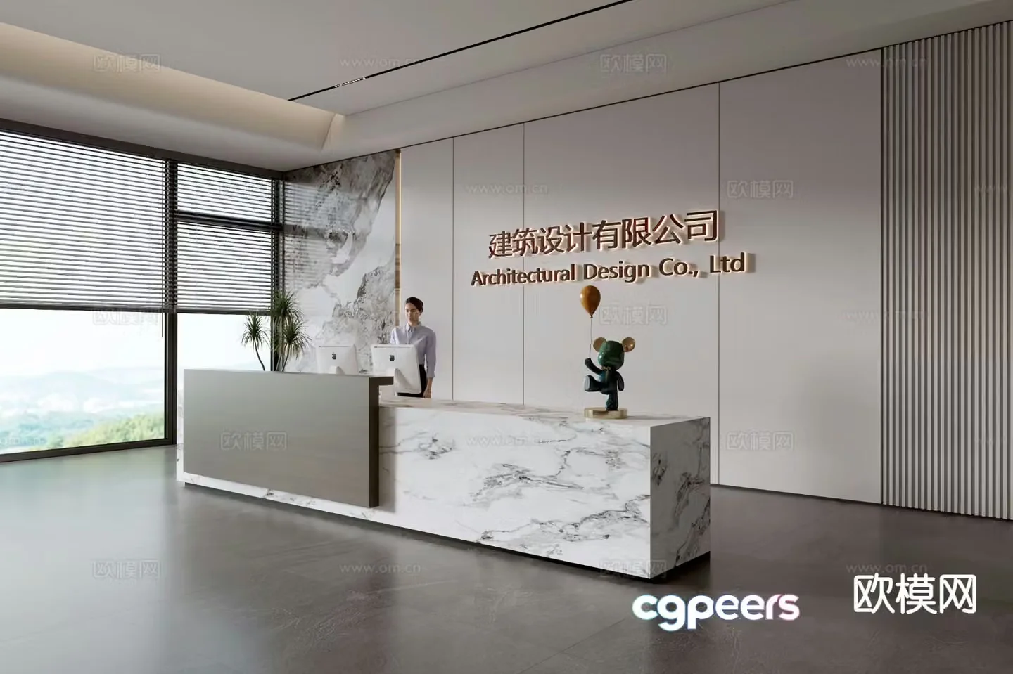 Modern company front desk reception desk corporate wall 3d model