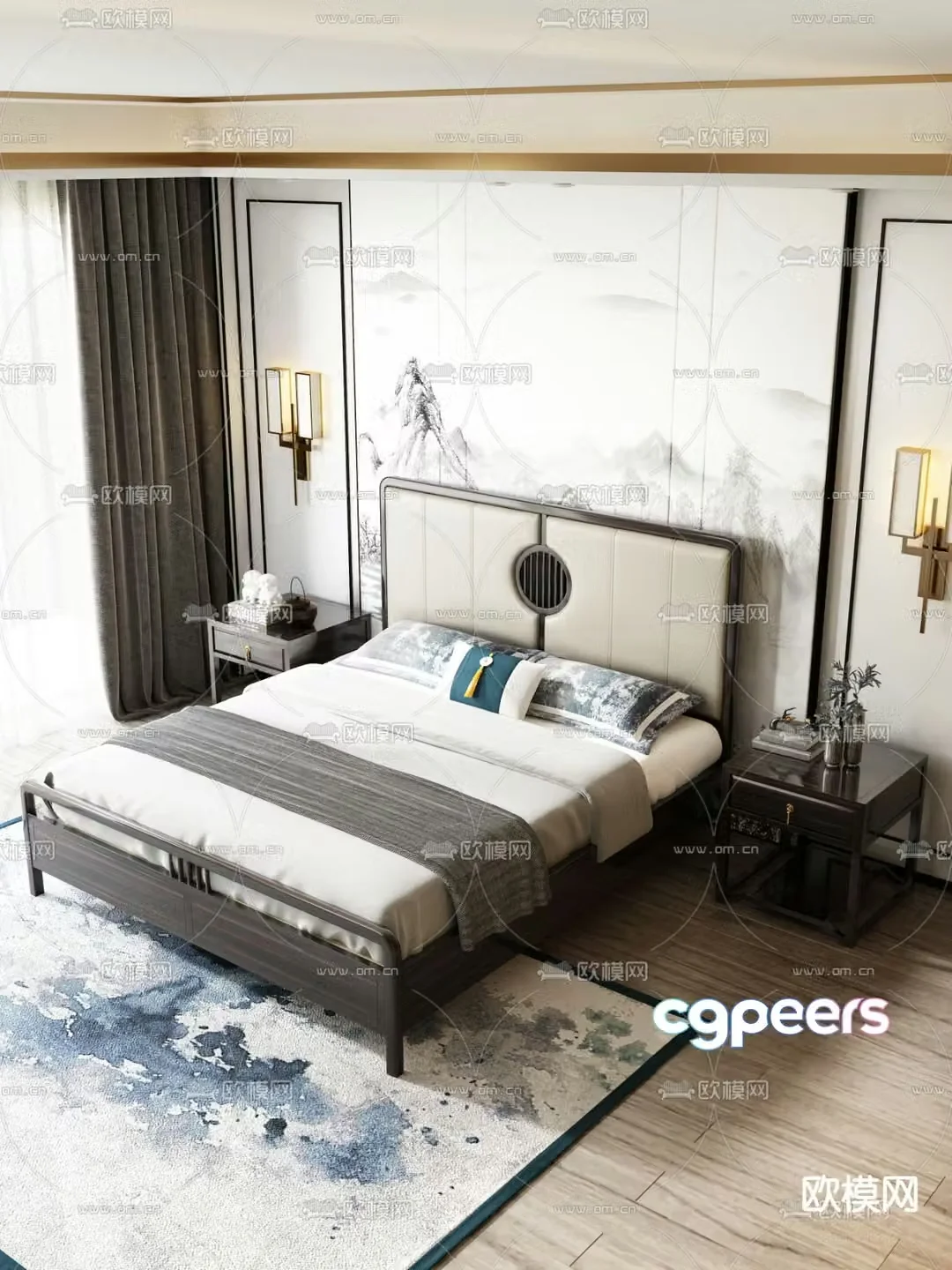 Chinese double bed 3d model