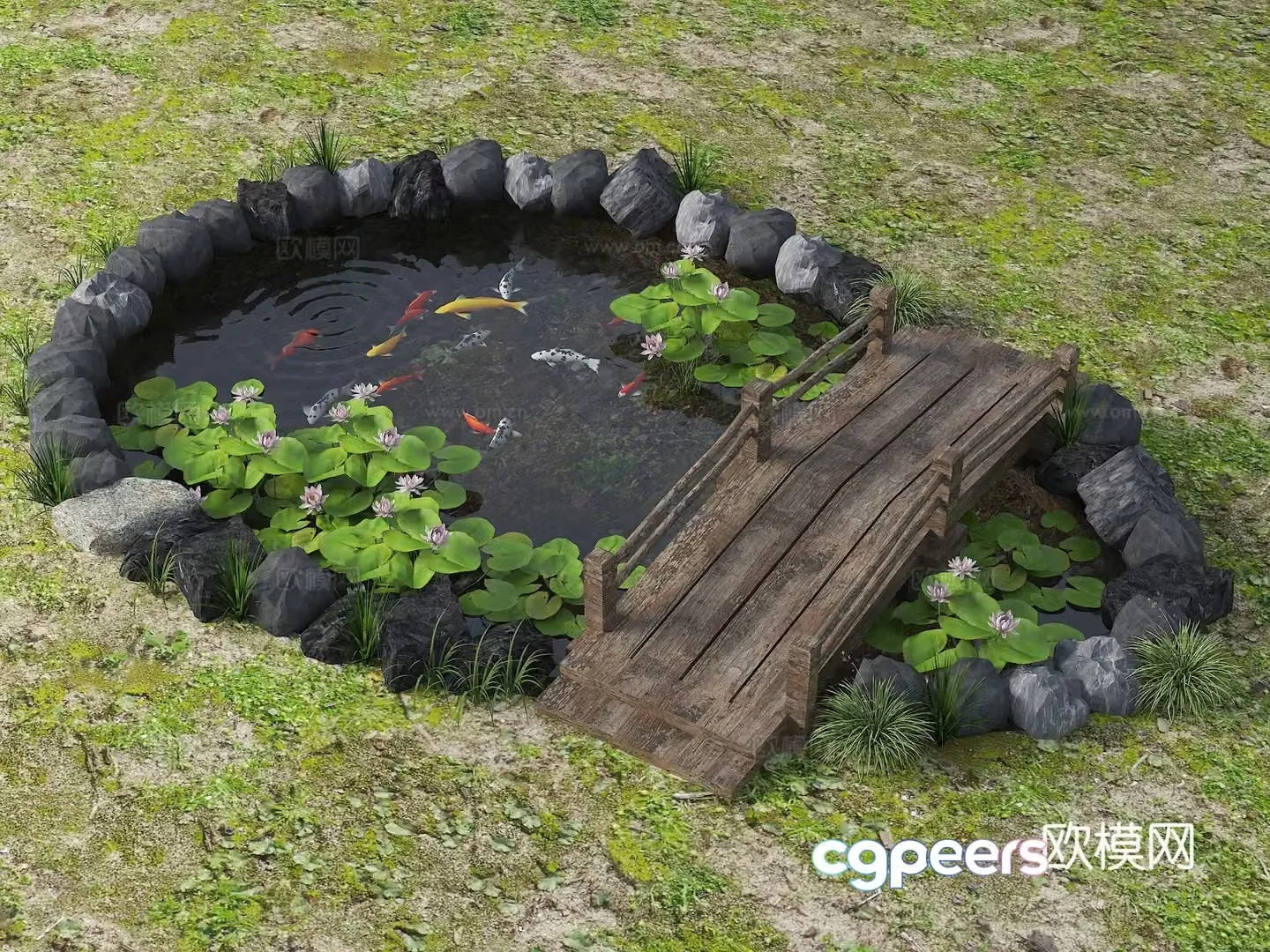 New Chinese-style landscape pool lotus pond Jingli pond native fish pond waterscape ecological fish pond 3D model