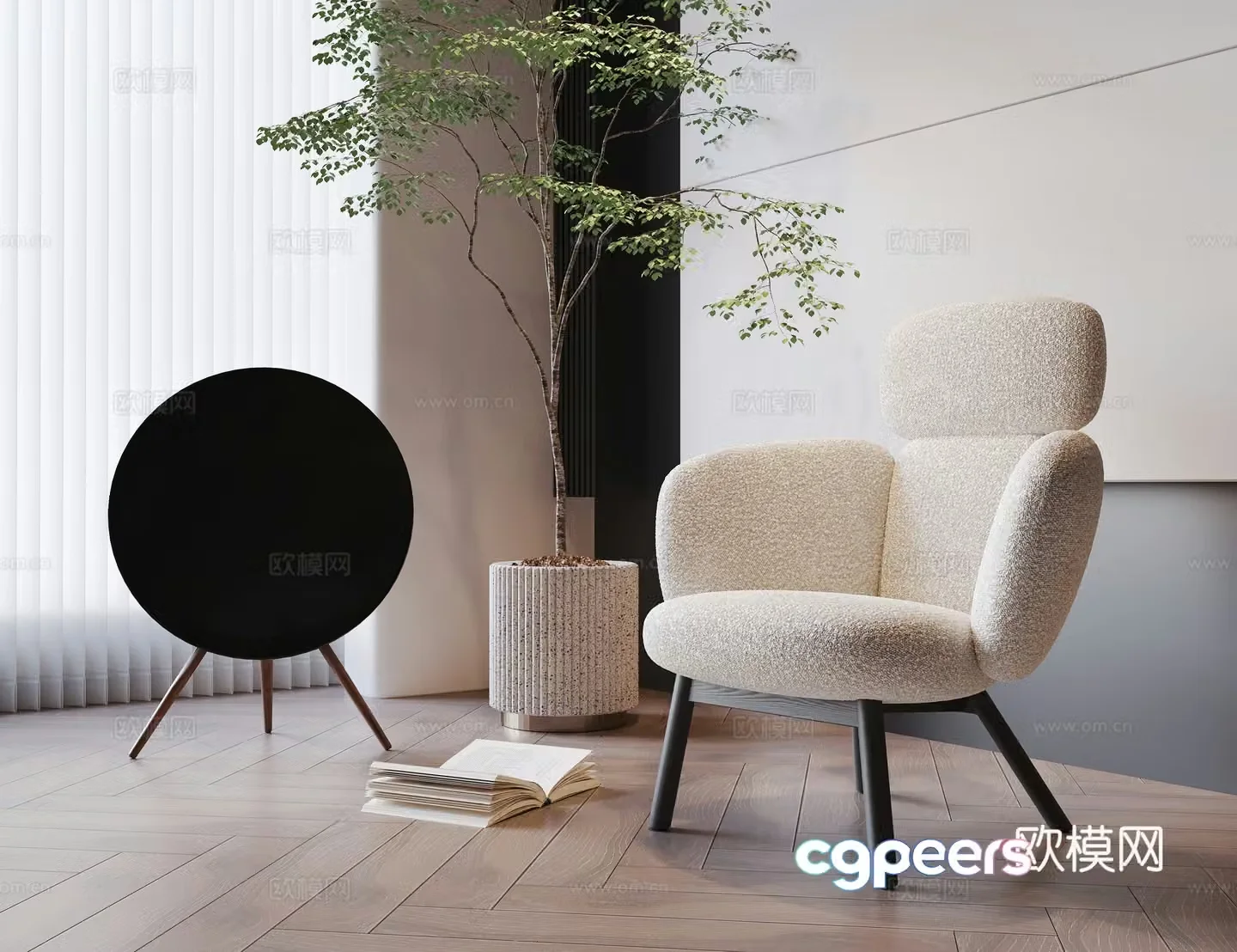 Medium style leisure chair fabric leisure chair wooden chair sofa chair audio green plant 3d model