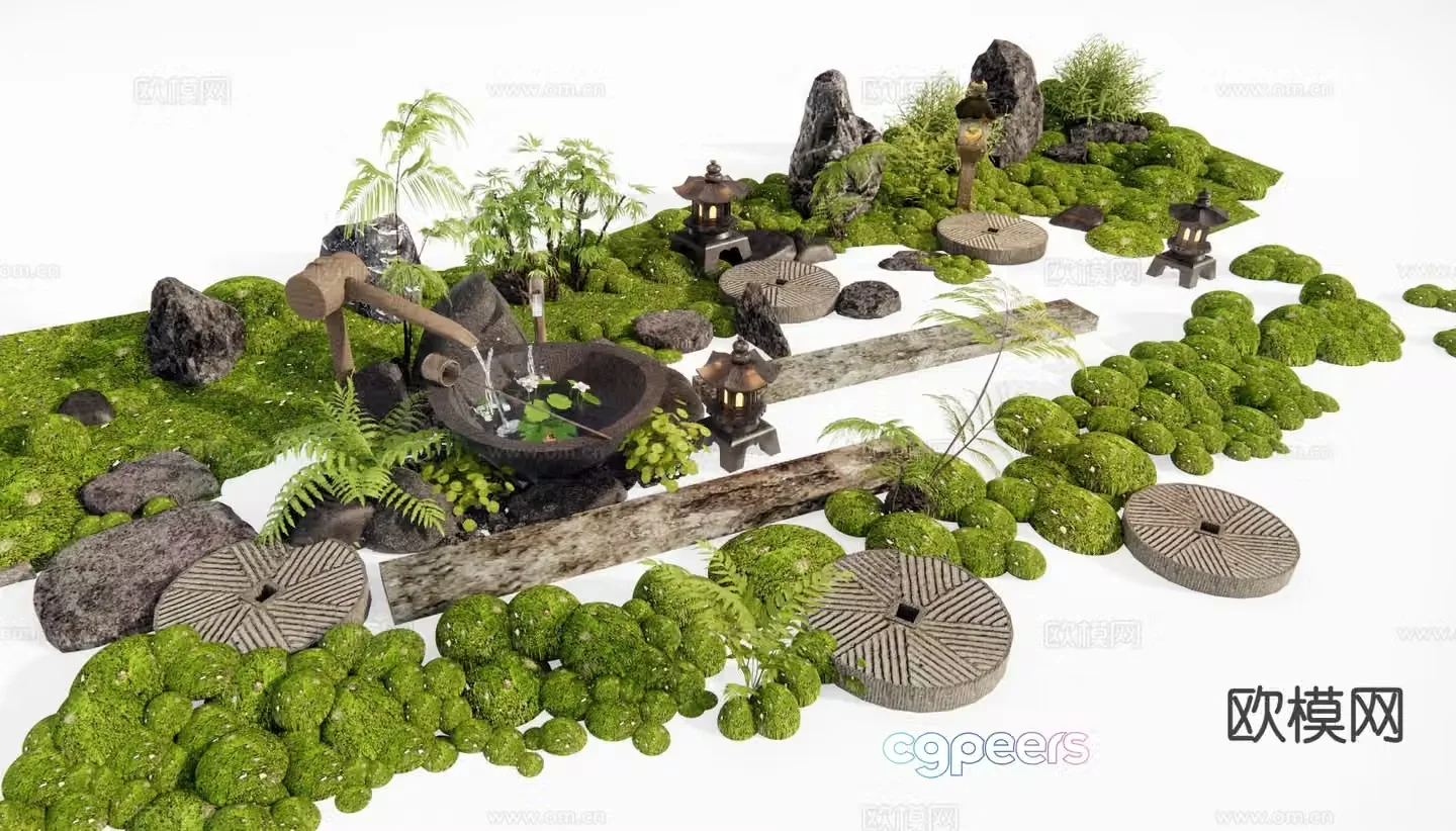 New Chinese-style courtyard sketch micro-terrain Tingbu bryophytes 3D model