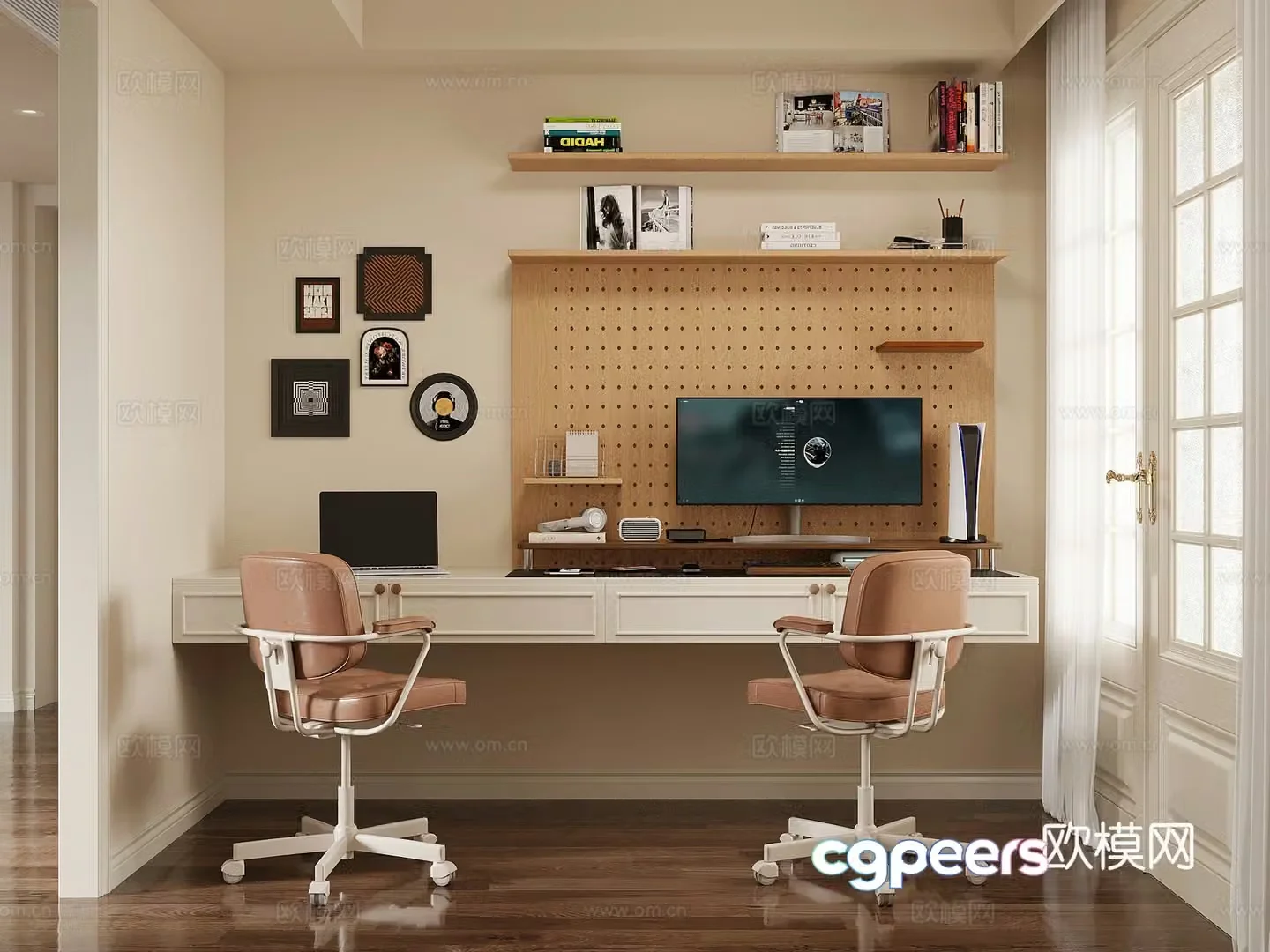 French Creamy Study Room Desk and Chair Computer Book 3D Model