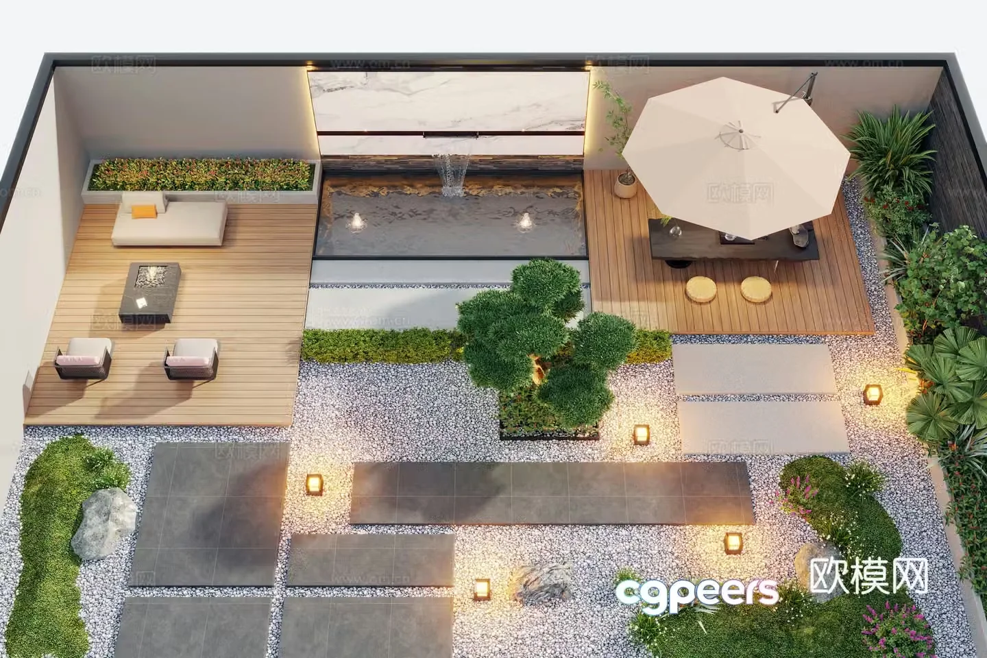 Modern courtyard landscape garden water view home yard 3d model