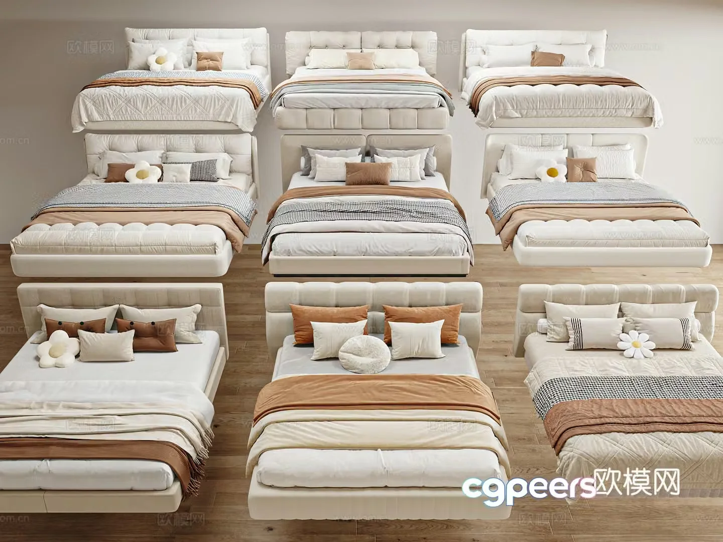 Modern cream style double bed 3d model