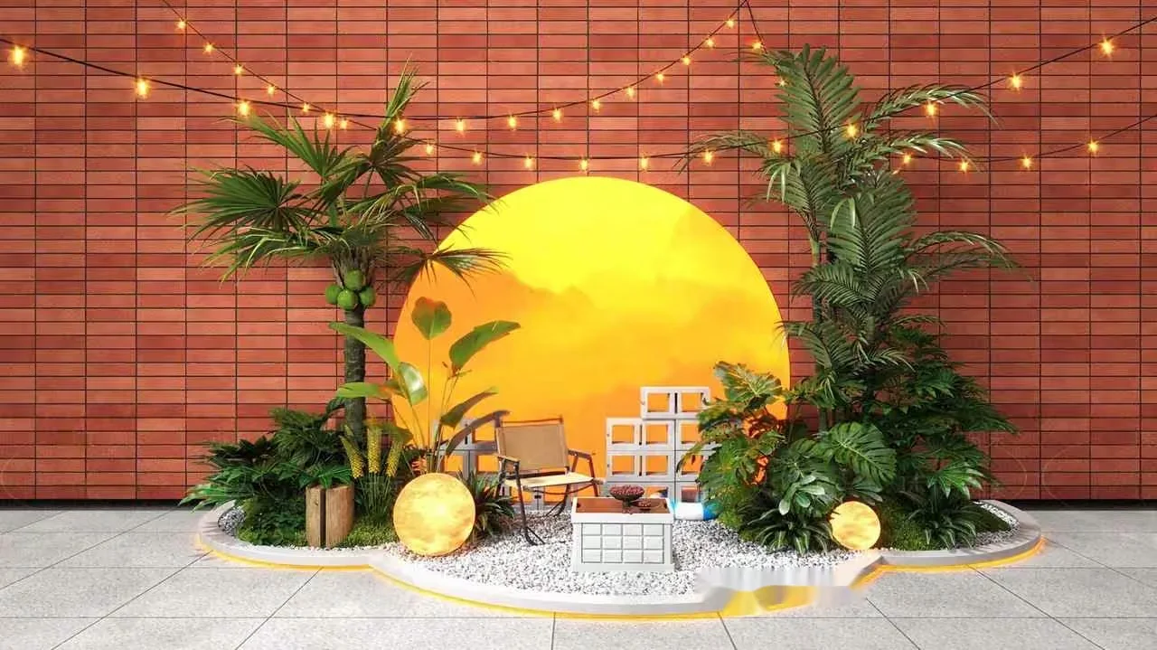 A Tropical-Themed Outdoor Seating Area 3D Model – 8776 – VRAY Render