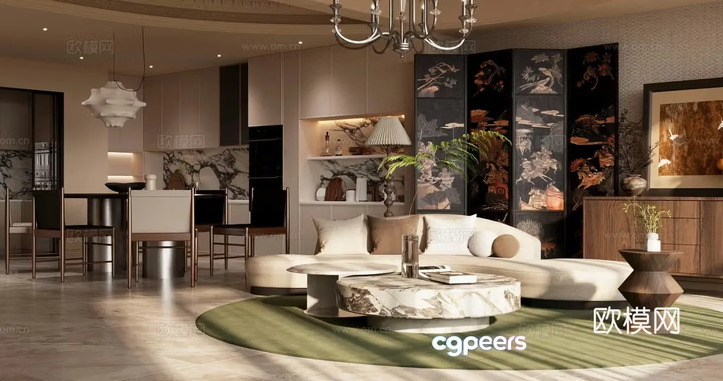 Middle-aged home living and dining room retro style living and dining room New Chinese style living and dining room Middle-aged dining table and chair 3D model