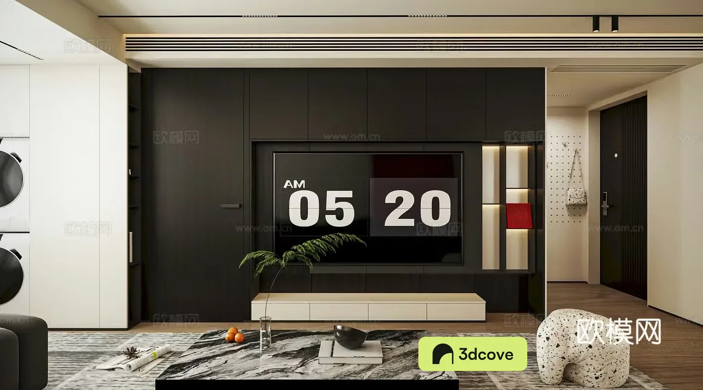 Modern minimalist living and dining room kitchen