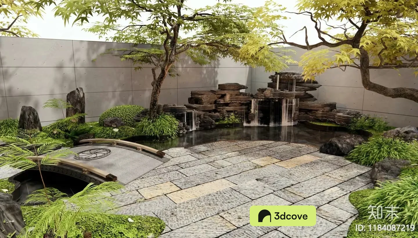 Japanese-Style Garden With Stone Path Pond And Bridge