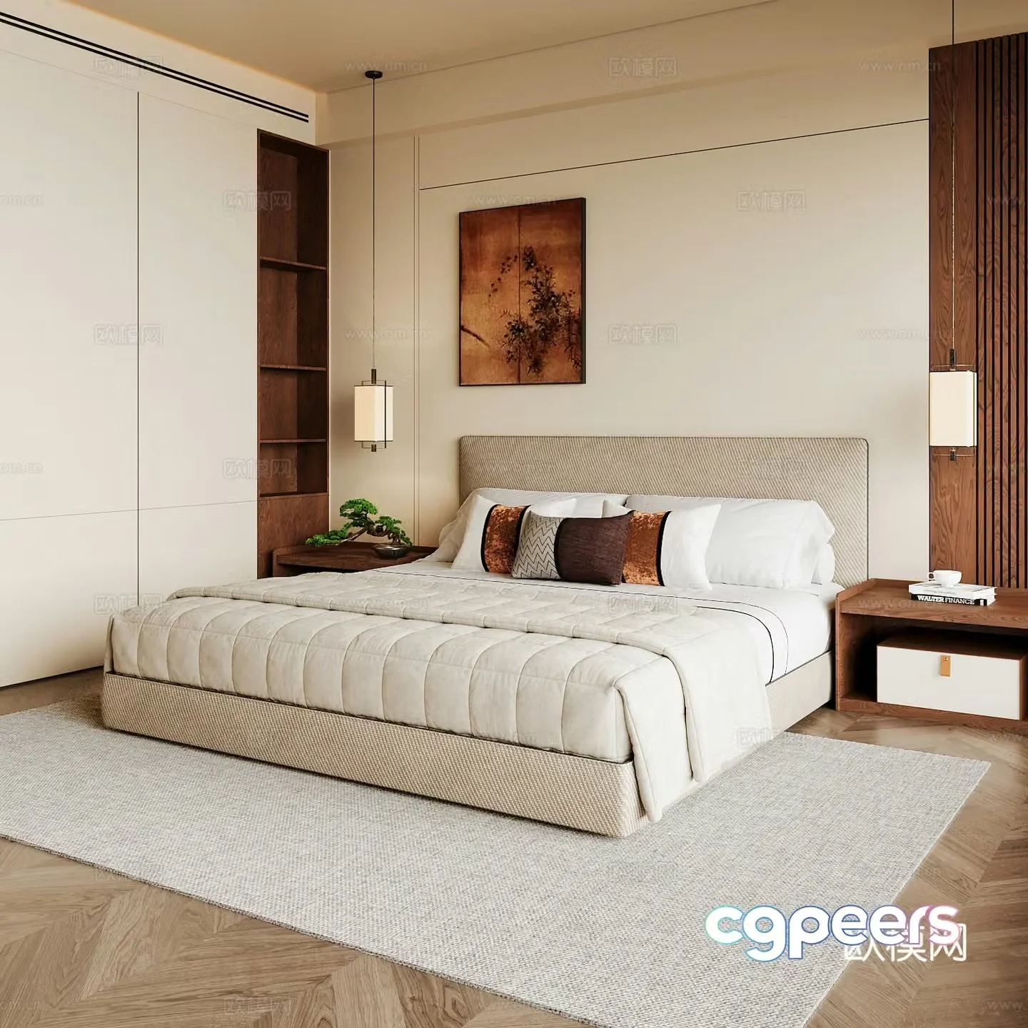 New Chinese style home bedroom Song family aesthetic bedroom Song style bedroom New Chinese style double bed New Chinese 3D model