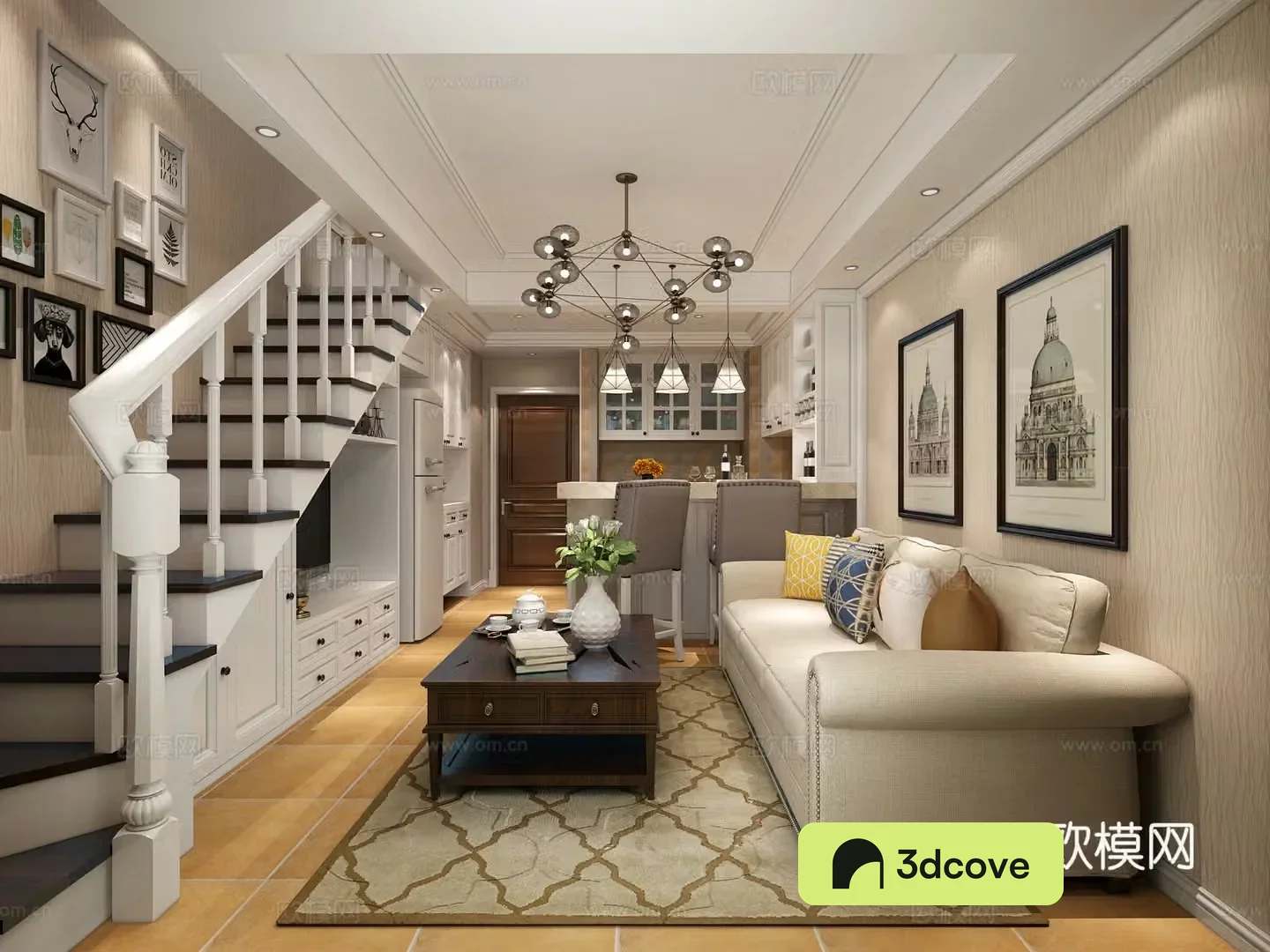 American simple living dining room sofa chandeliers open kitchen stairs curtains bar 3d model