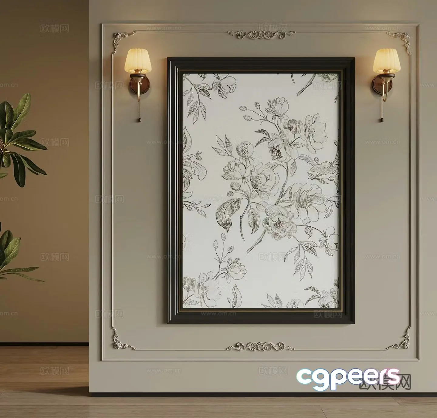 French retro style hanging paintings decorative paintings wall lights 3d model