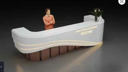 A White Reception Desk With A Person Standing Behind It 3D Model – 6408 – VRAY Render