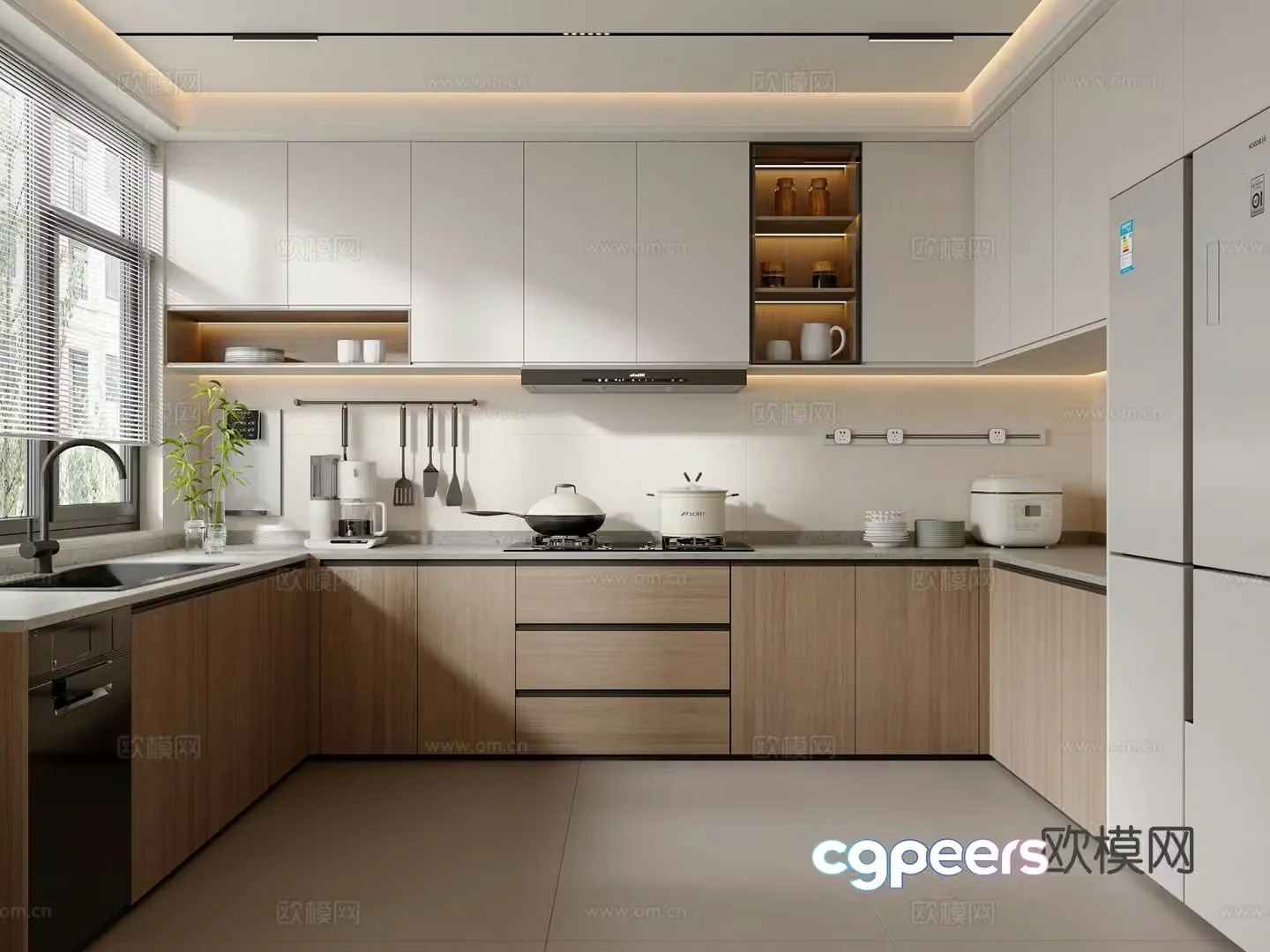 Creamy Kitchen Cabinet Refrigerator Kitchen Appliances Kitchen Supplies 3D Model