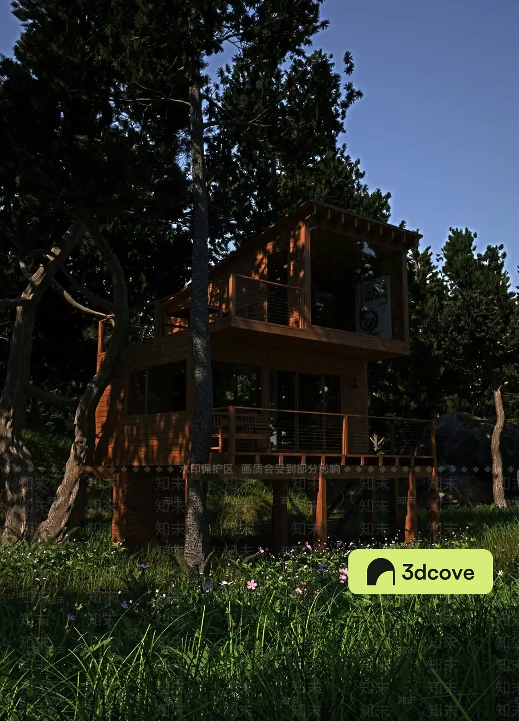 A Wooden Treehouse With A Balcony