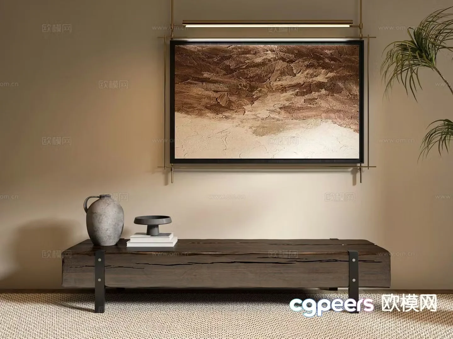 Wabi Sabi Bench Old Wooden Stool Hanging Painting 3D Model