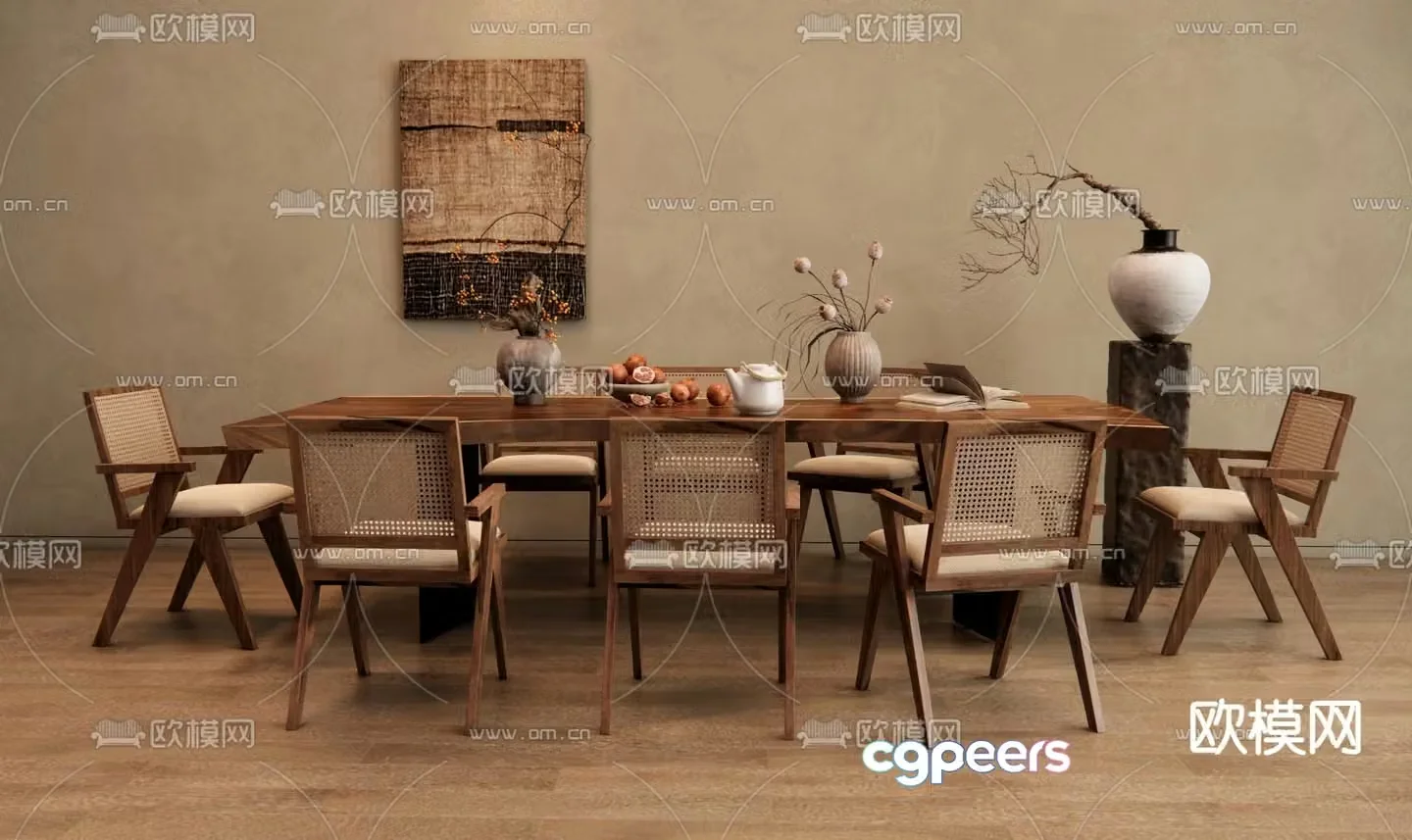 Wabi-sabi style dining table and chairs 3d model