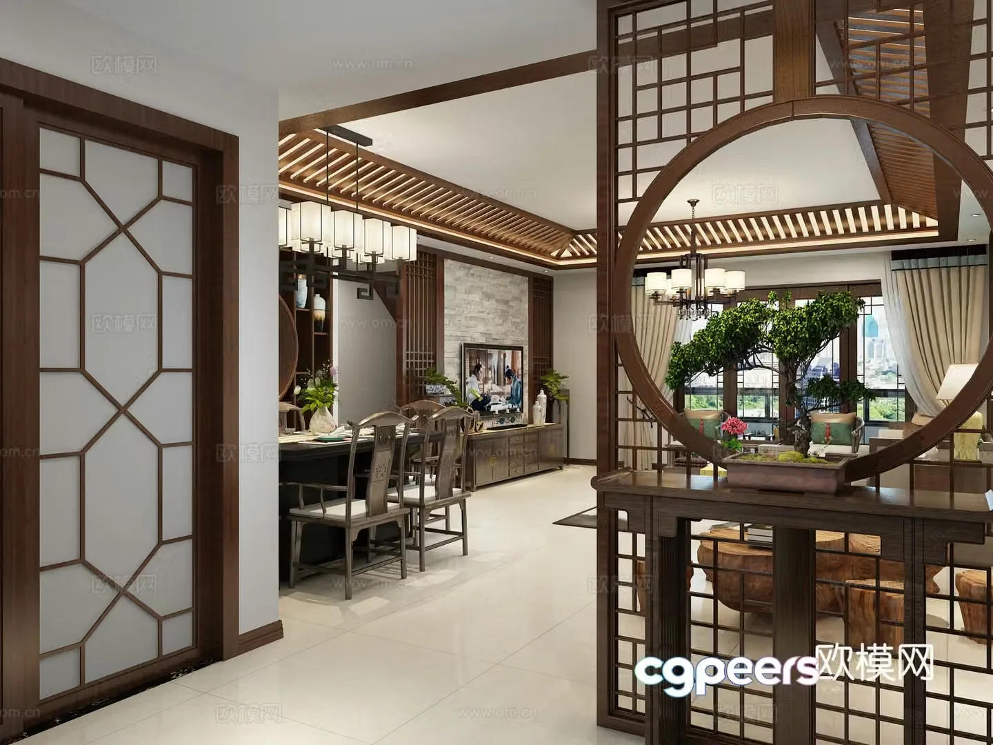 Chinese living and dining room entrance plant ornaments dining table and chairs 3D model