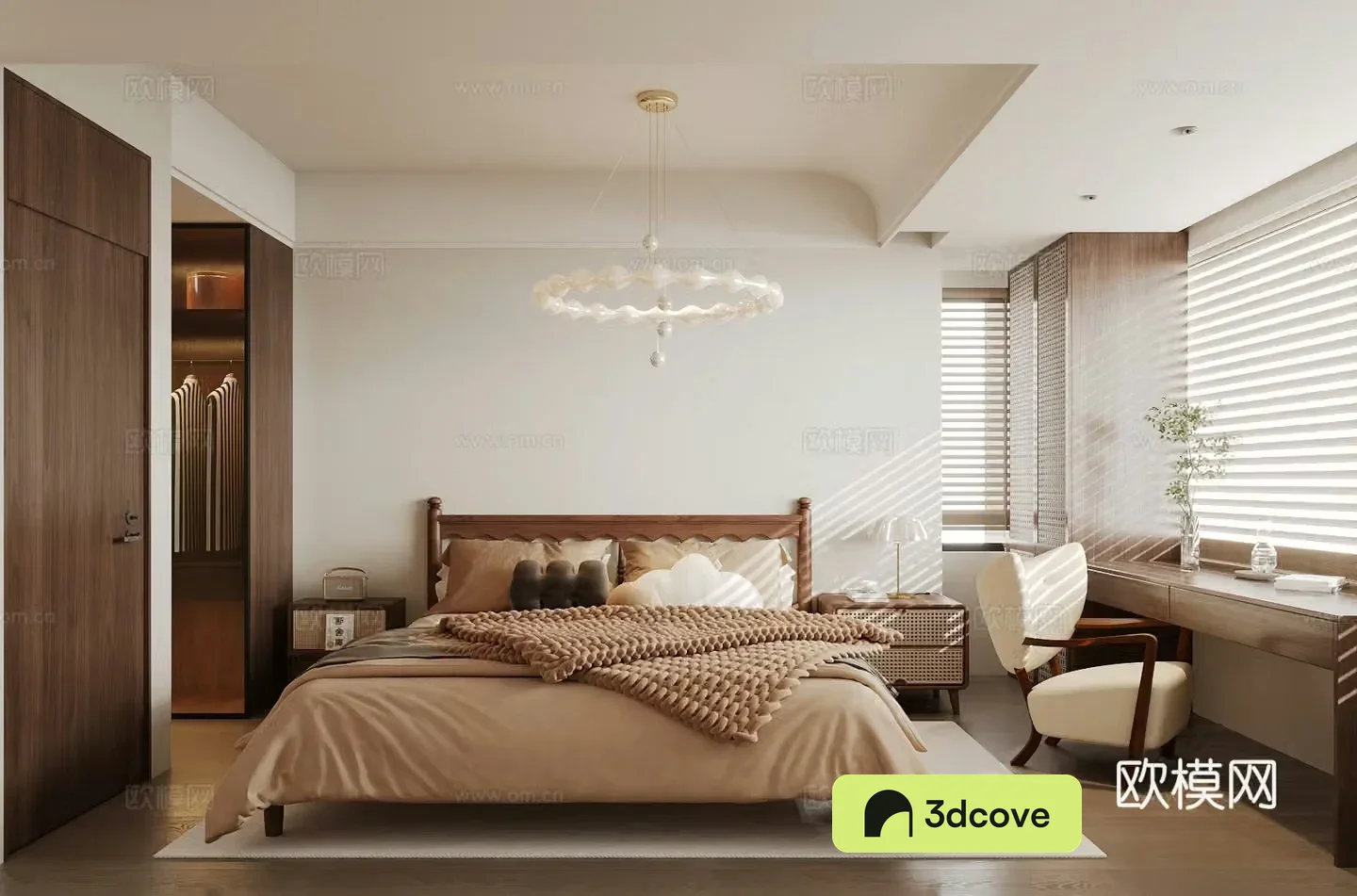 Middle style home bedroom Middle style elder room Second bedroom Middle style bedroom bed Middle style bedside table 3D model
