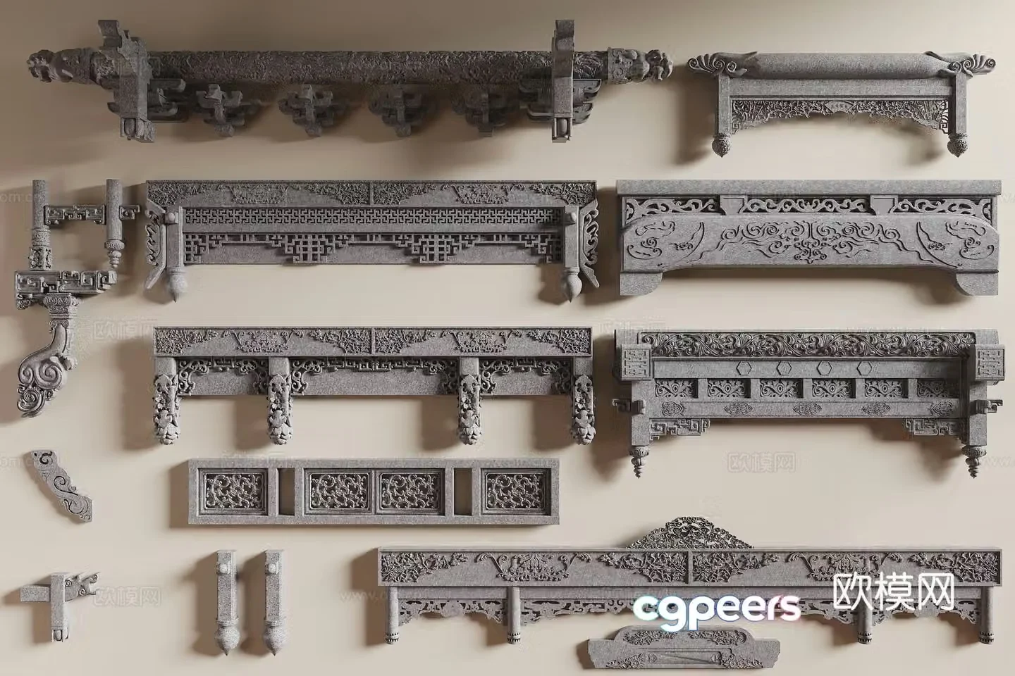 New Chinese-style stone carving eaves stone beam carving 3D model