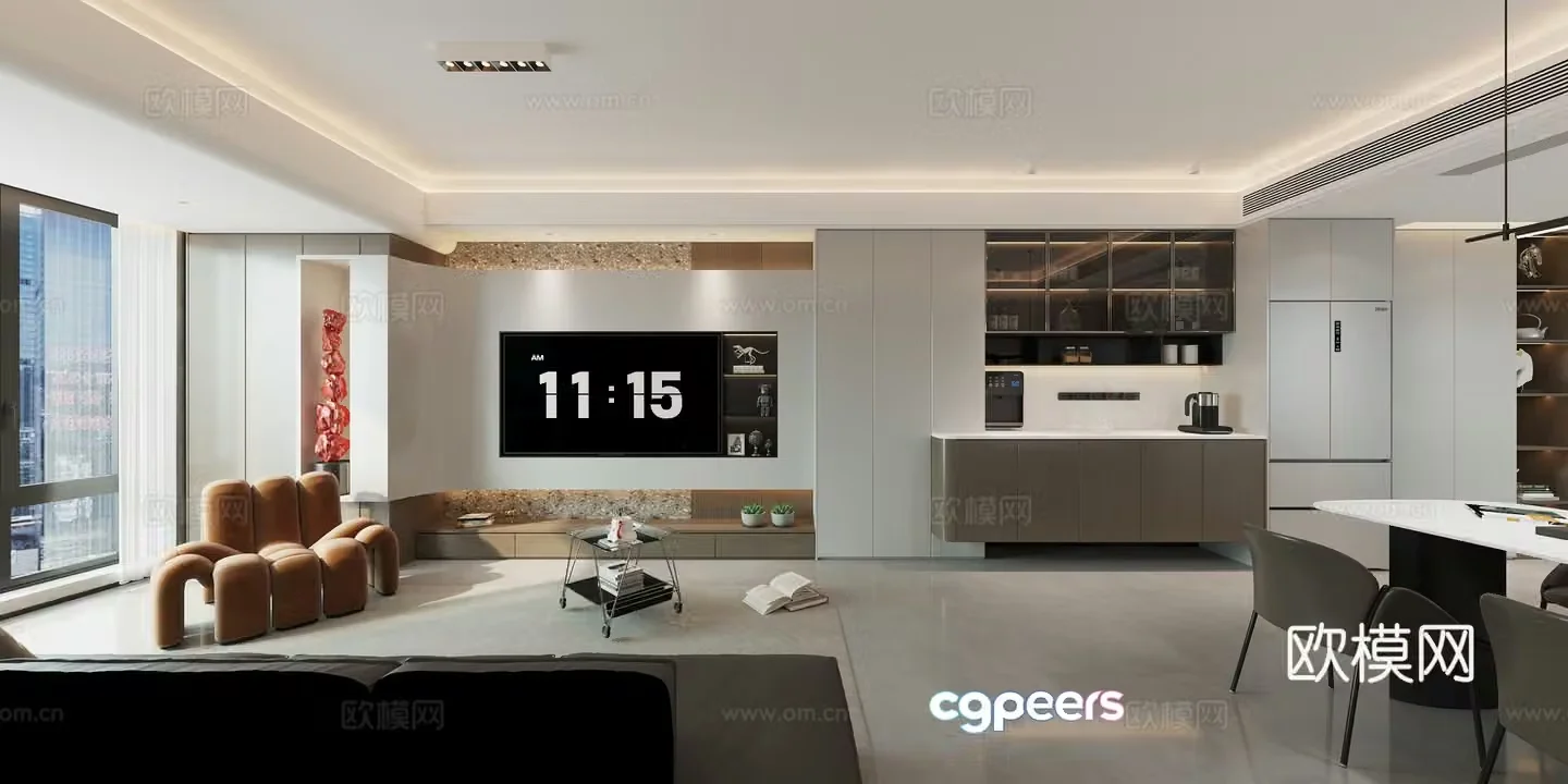 Modern minimalist living and dining room 3d model