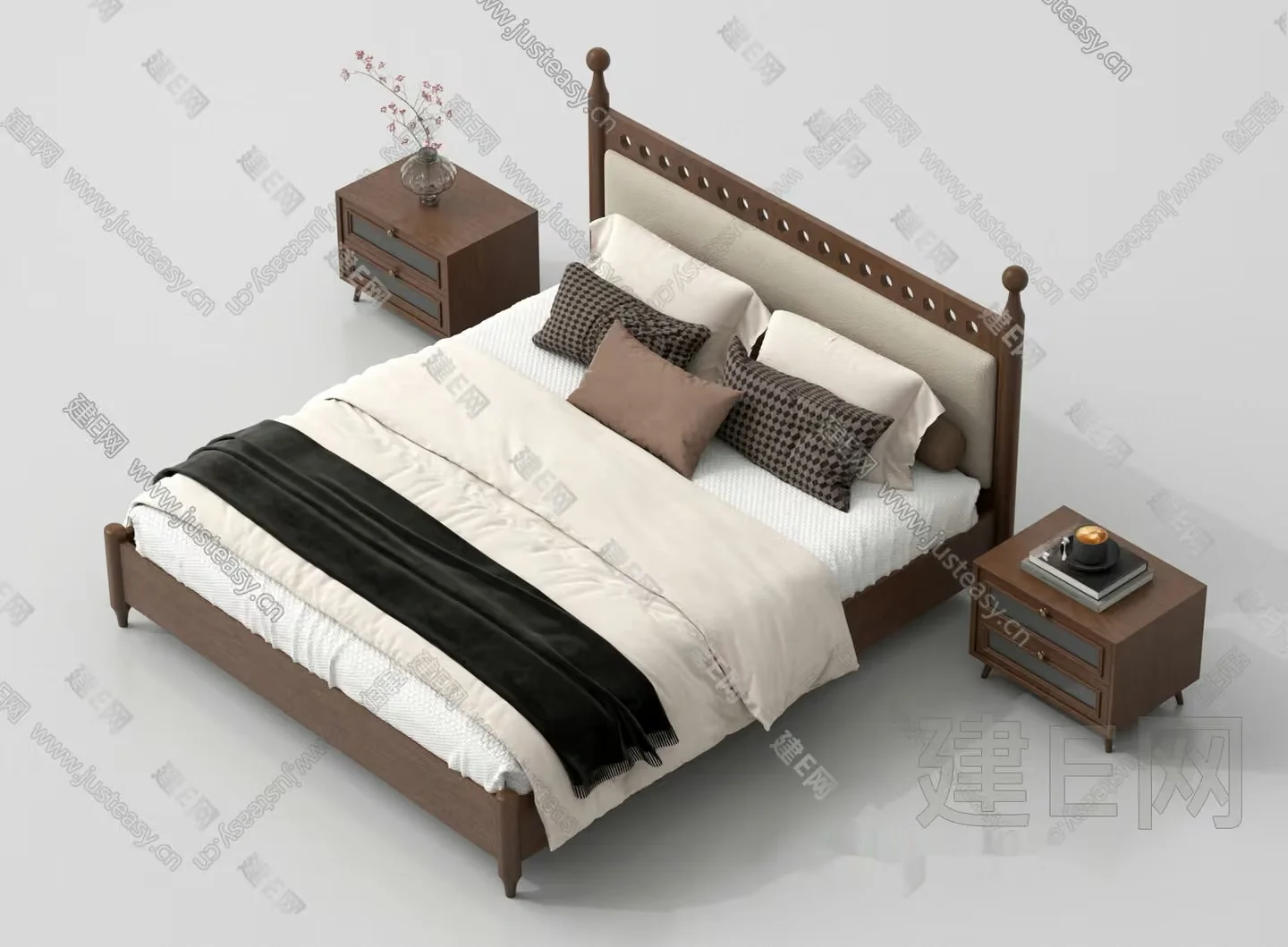 A Wooden Bed With A White Comforter 3D Model – 19182 – VRAY Render