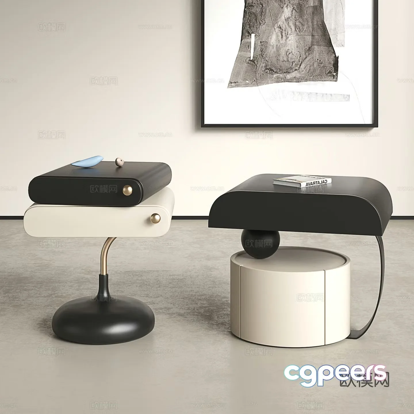 Italian bedside table creamy sofa side table modern small storage cabinet simple side cabinet 3D model