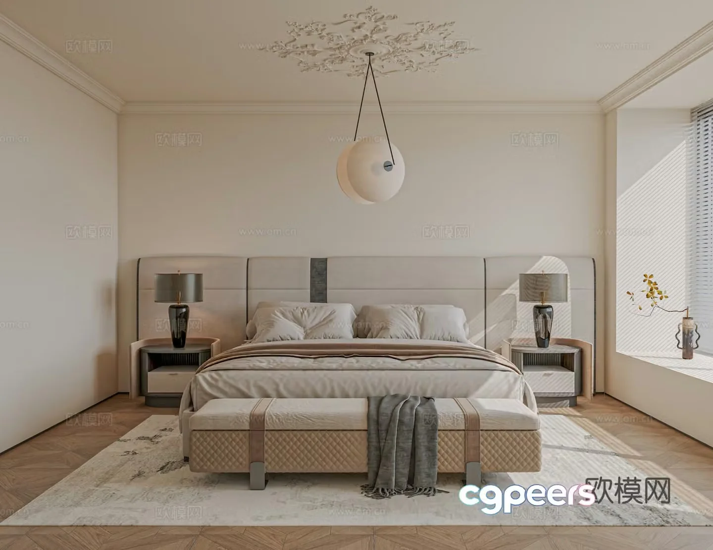 French bedroom bed nightstand accessories curtains carpet 3d model