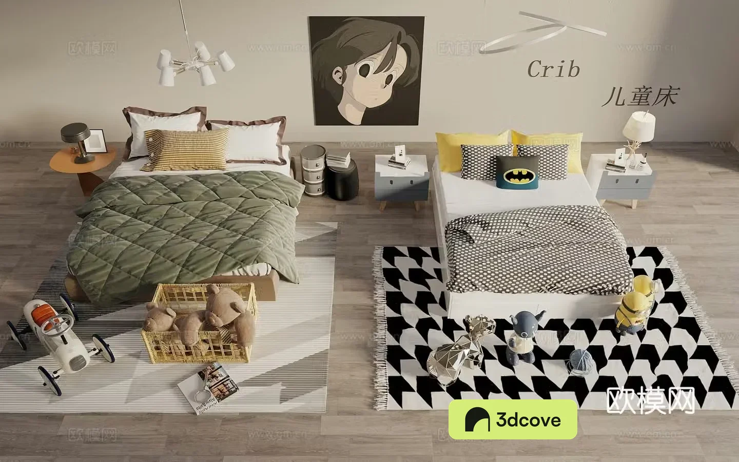 Modern children’s bed nightstand toys chandeliers hanging painting