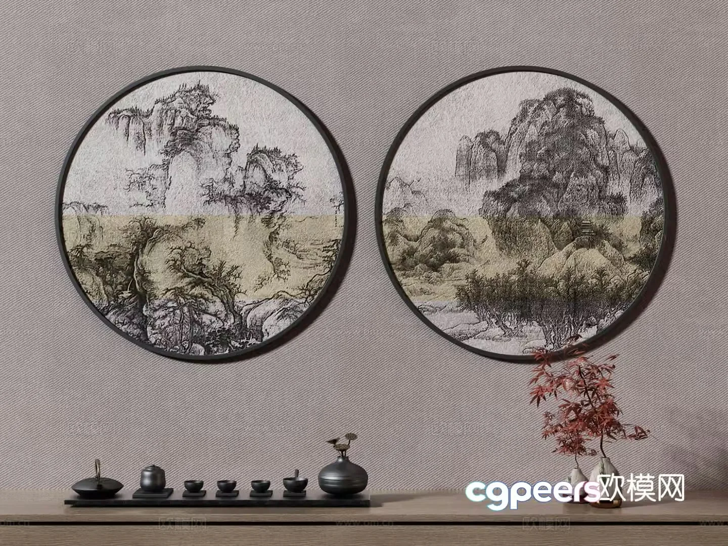 New Chinese style decorative painting tea set round hanging painting 3d model