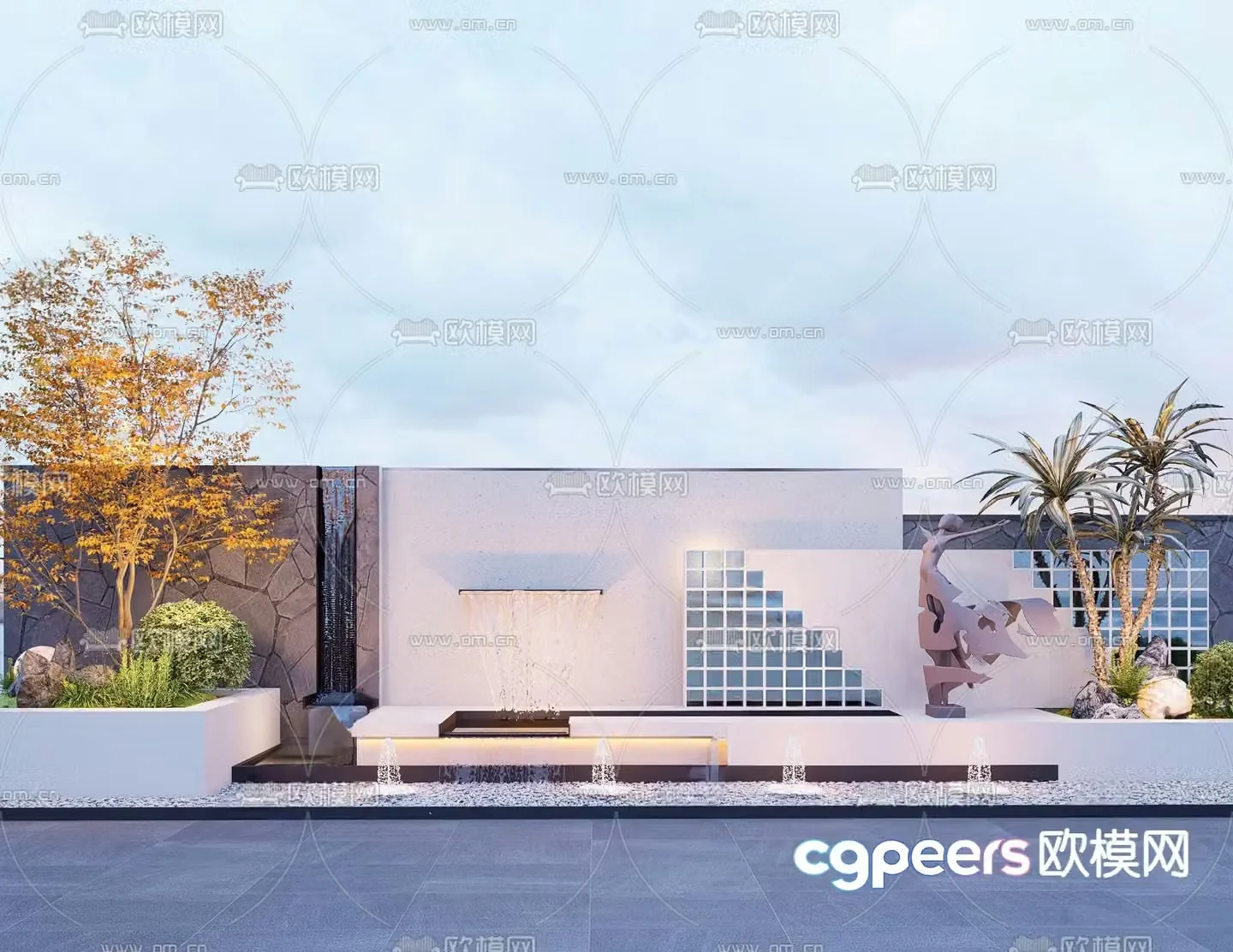 Modern courtyard landscape water feature wall 3d model