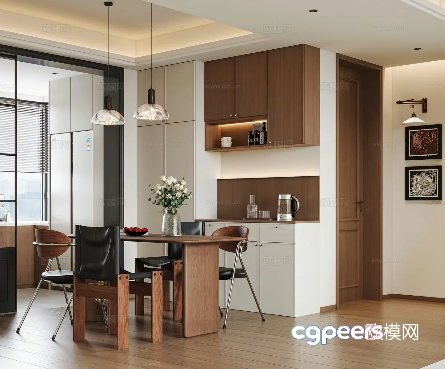 Middle-aged restaurant Middle-aged dining table and chair Middle-aged restaurant chandeliers Middle-aged dining sideboard Middle-aged painting 3D model