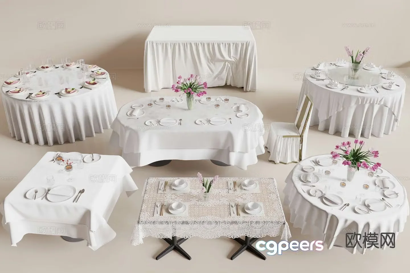 Modern dining table and chairs banquet table tablecloth 3d model