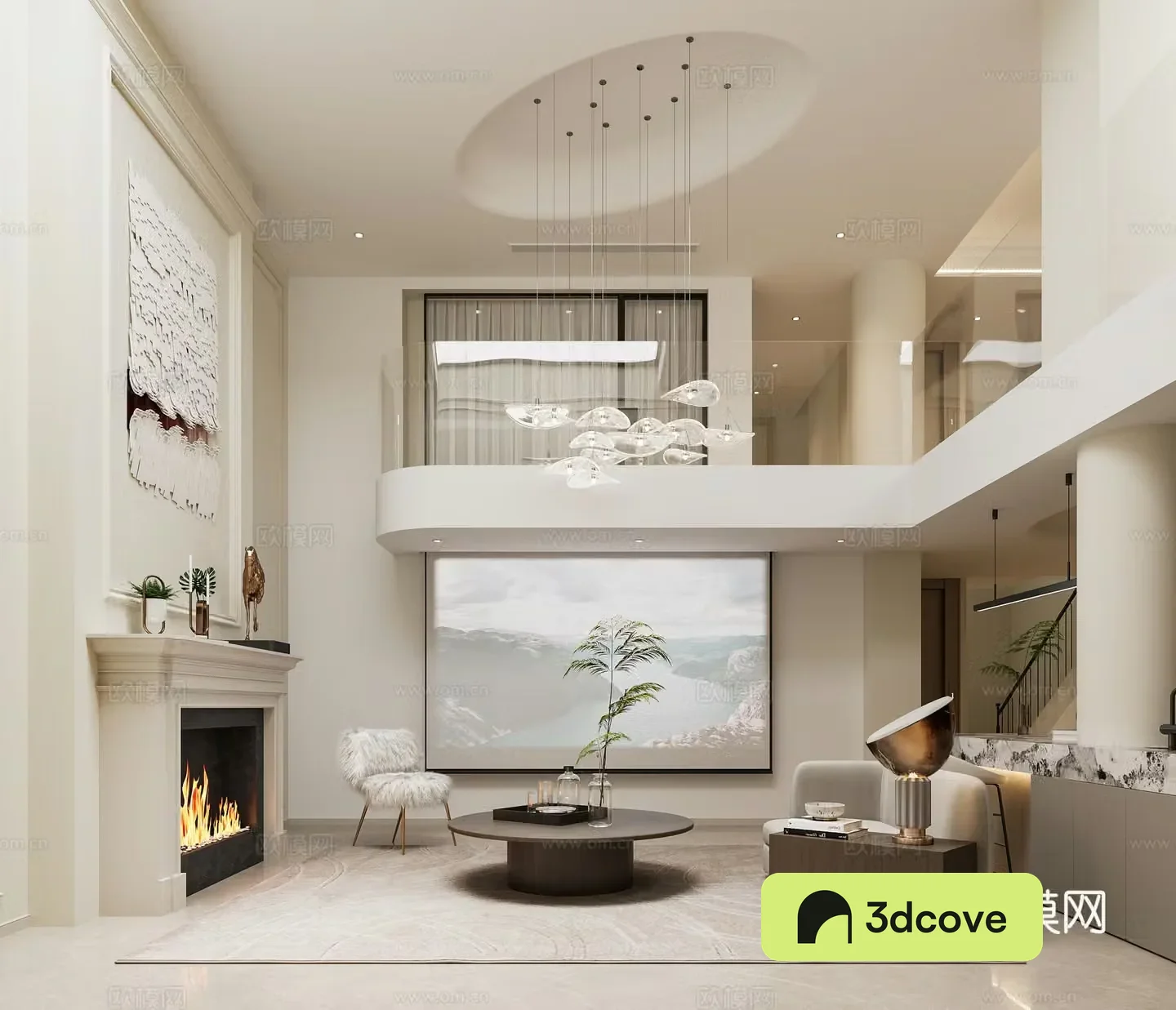 Modern Cream Villa Living Room Empty Living Room Sunken Living Room Sofa Combination Chandelier Fireplace