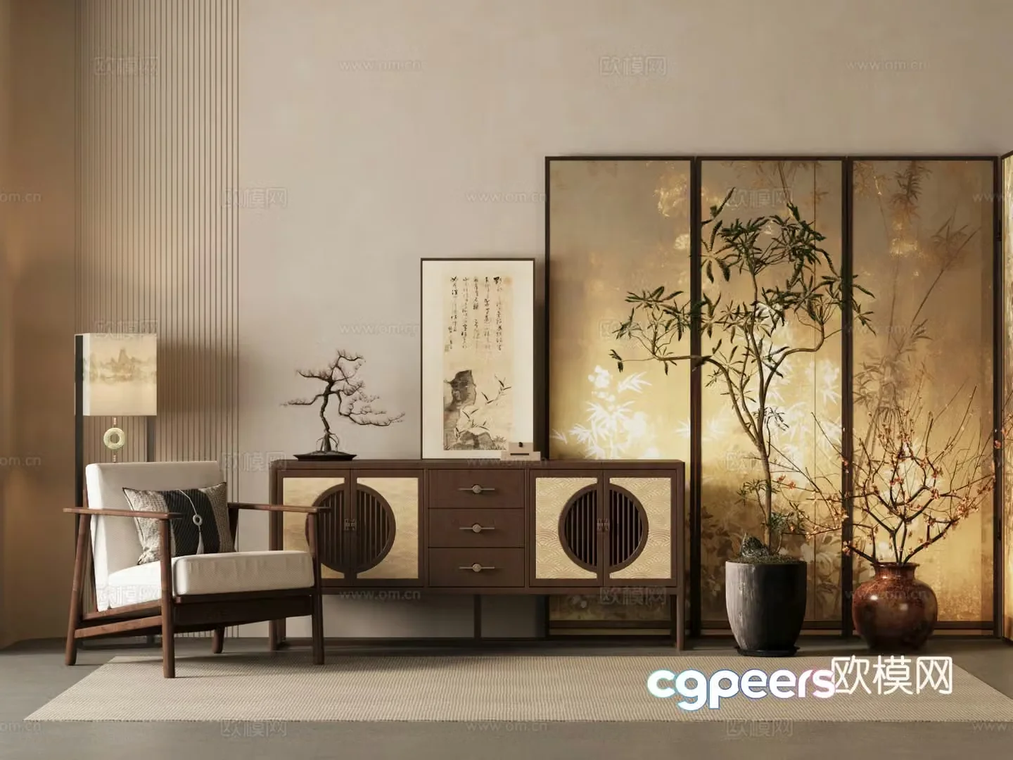 New Chinese style chest of drawers folding screen chest of drawers single casual chair green plant flower art 3D model