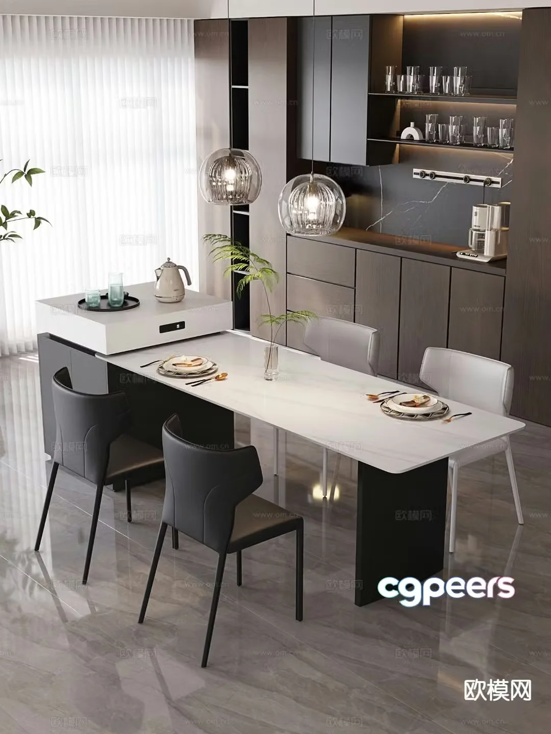 Modern dining table and chairs island table 3d model