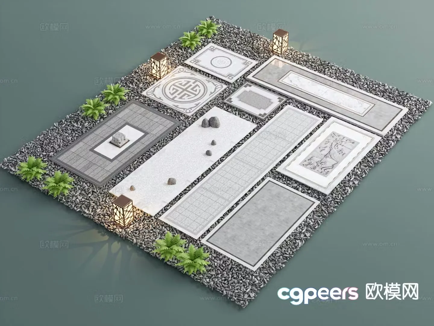 New Chinese style garden paving paving sketches cobblestones stone steps 3D model