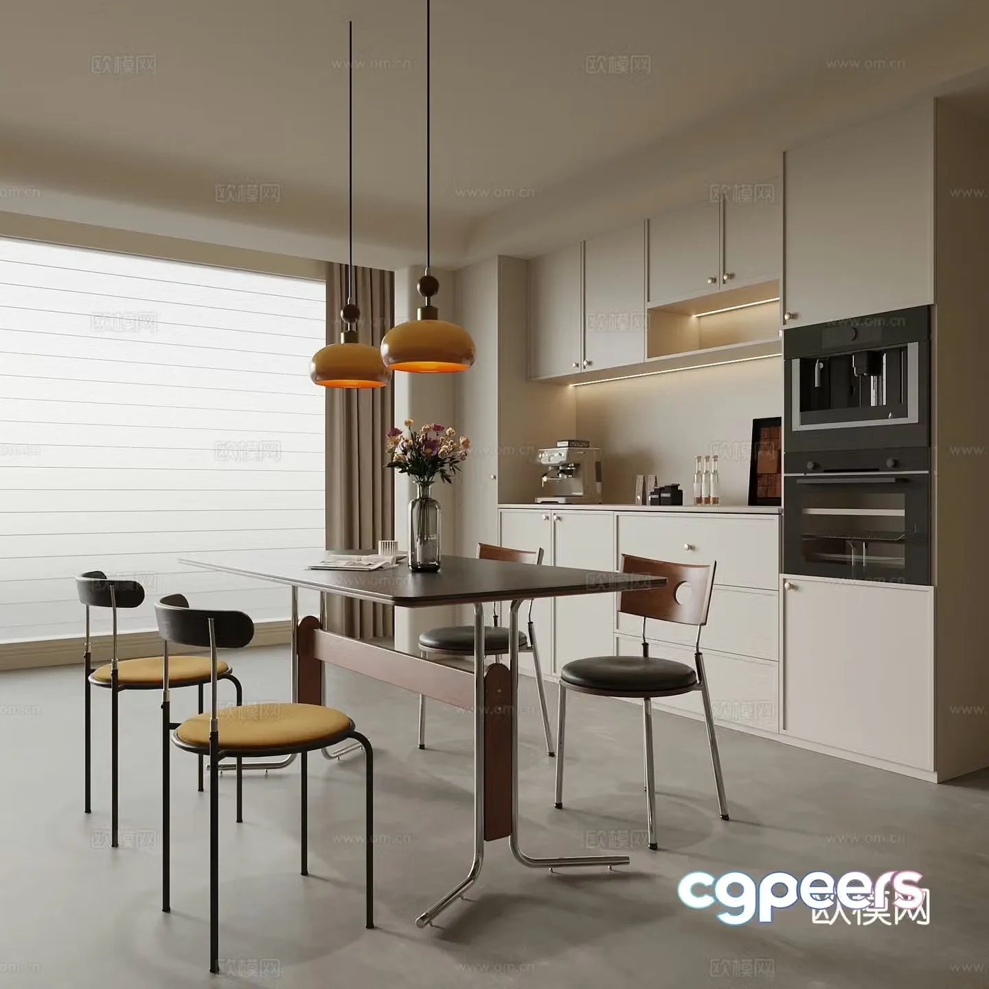 Middle-aged restaurant dining table and chairs wine cabinet 3d model