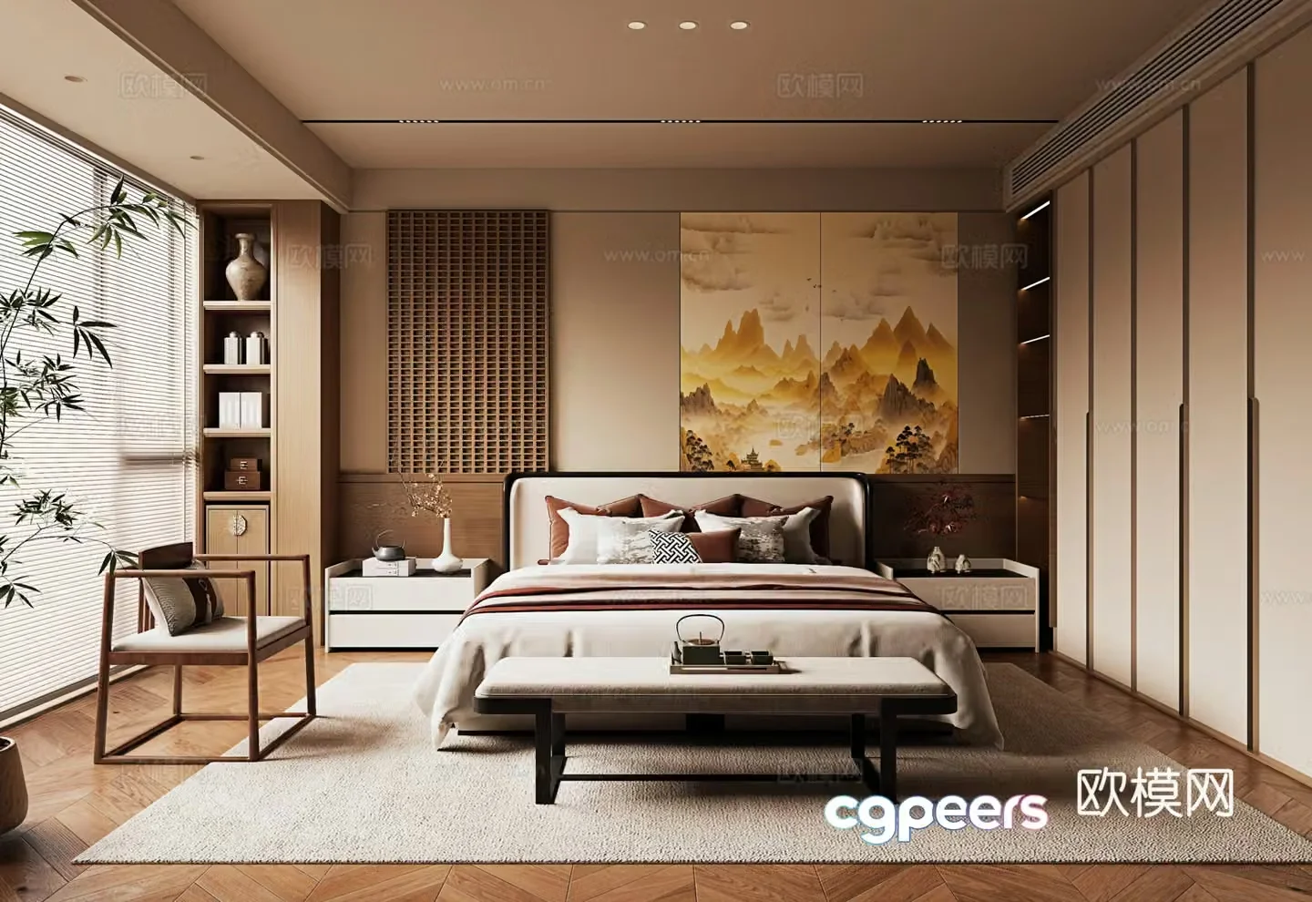 New Chinese style bedroom bedside background wall wardrobe single sofa double bed bedside table 3D model