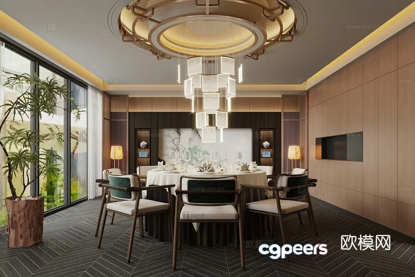 New Chinese-style private room Restaurant private room Dining table and chair combination Crystal chandelier 3D model