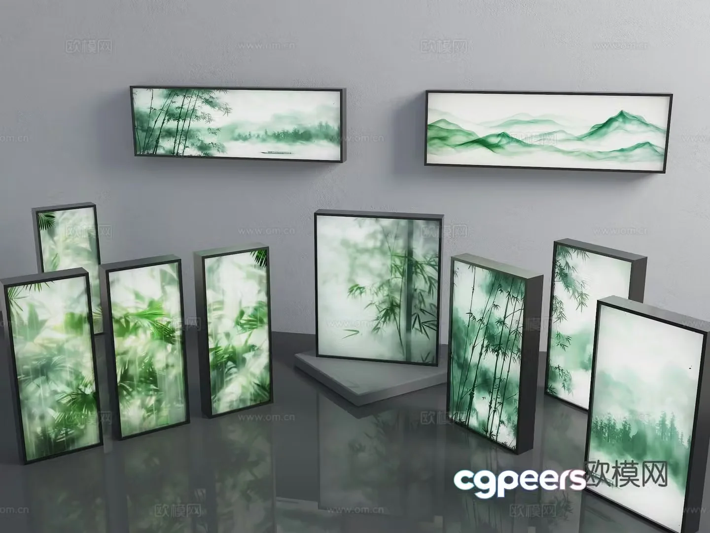 Modern frosted glass light box houseplant light box landscape bamboo soft film light box green plant decorative light 3D model