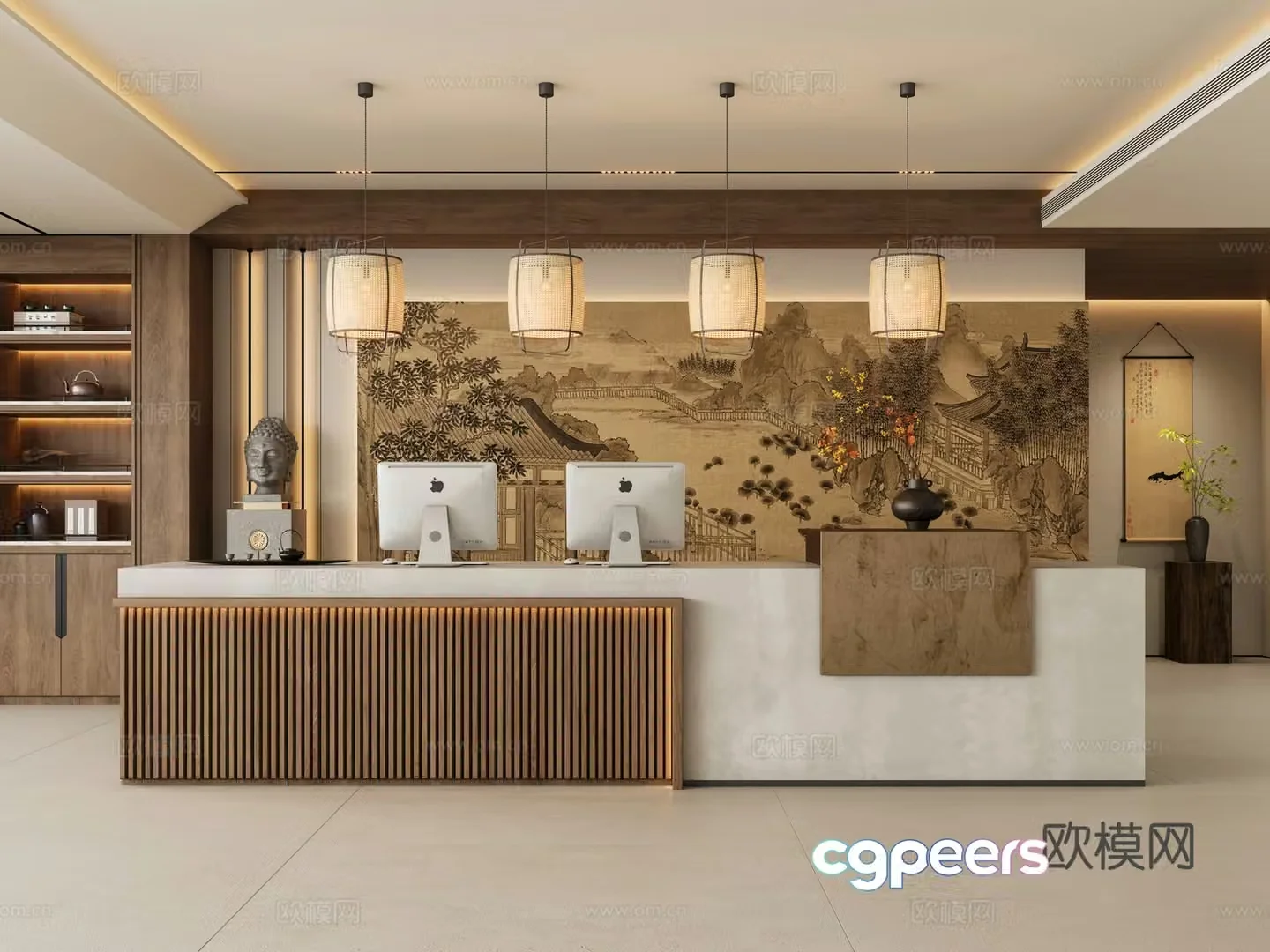 Zen new Chinese style hotel front desk 3D model